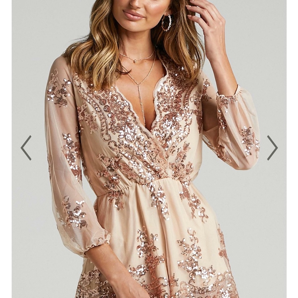 L'ATISTE Sequin Embellished Jumpsuit in Nude and Rose Gold